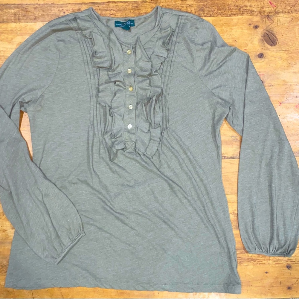 XL Ralph Lauren Women's Ruffled Long Sleeve Top - Olive Green